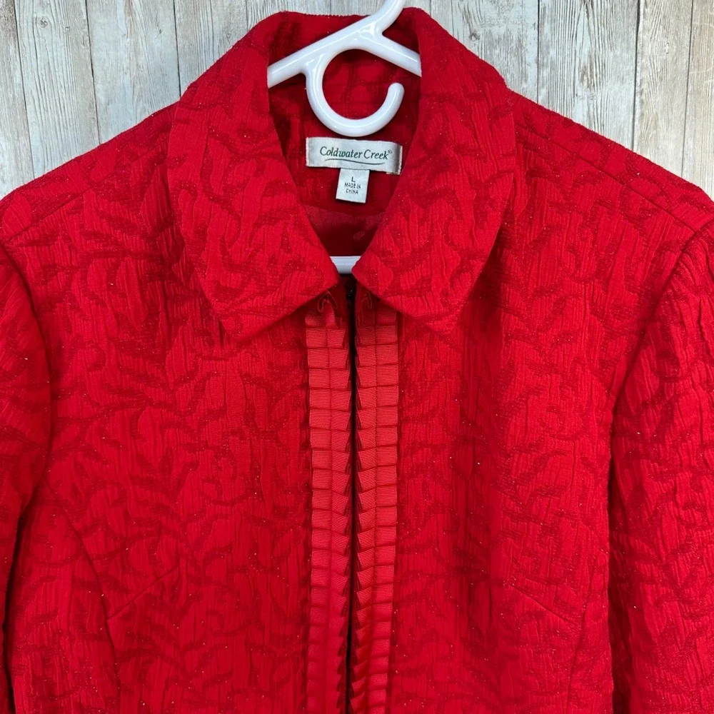 Coldwater Creek Women's Red Jacket Textured Sparkle‎ Leaf Jaquard Ruffle Trim L